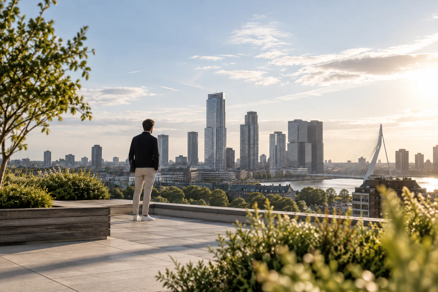 Man kijkt uit over een stad met hoogbouw