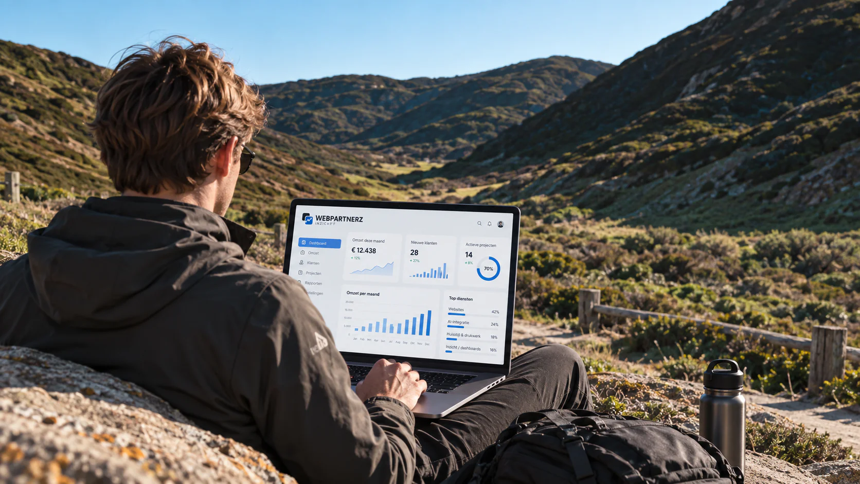 Man met een laptop vol grafieken in de natuur